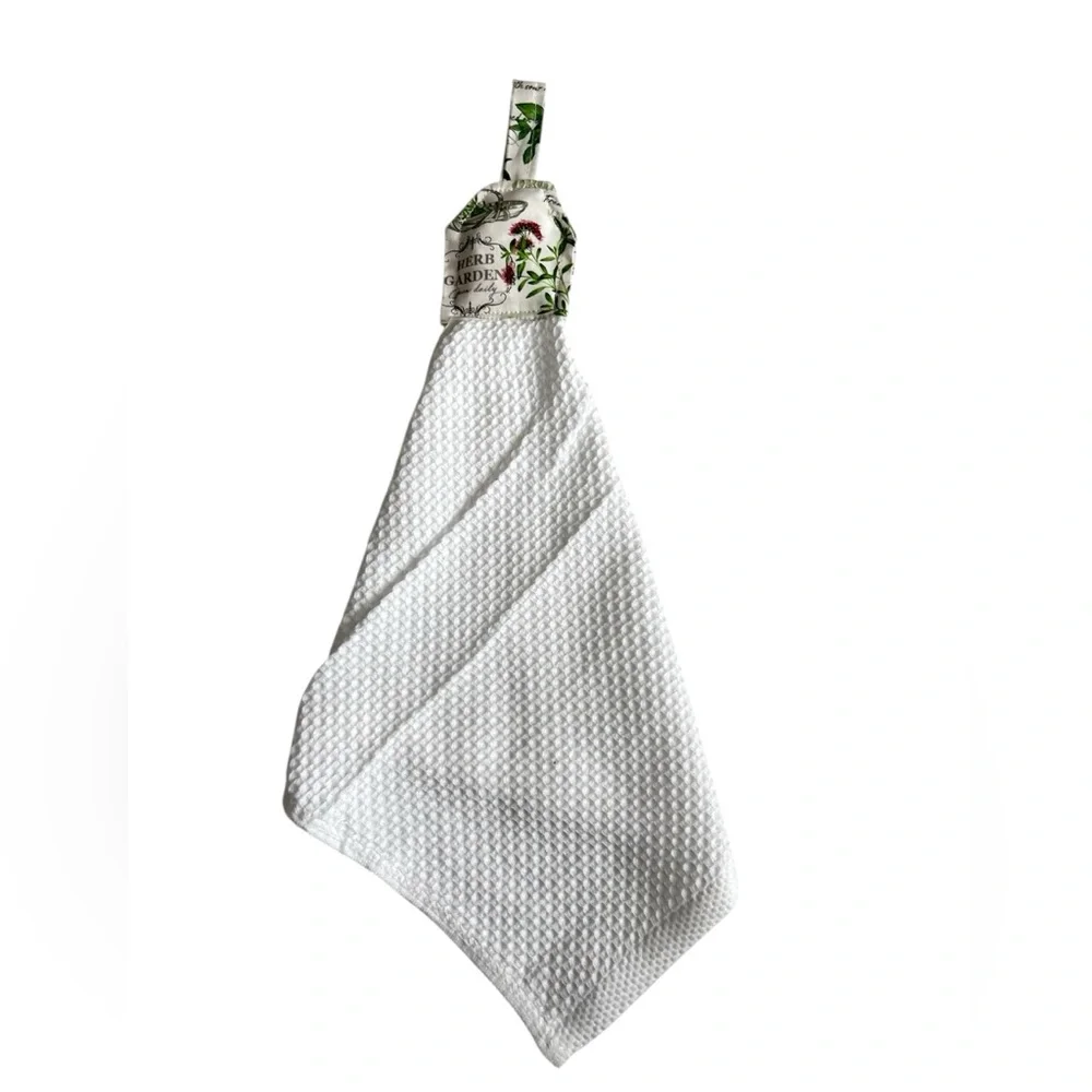Hand Crafted Garden Herbs White Hanging Kitchen Hand Towel 100% Cotton